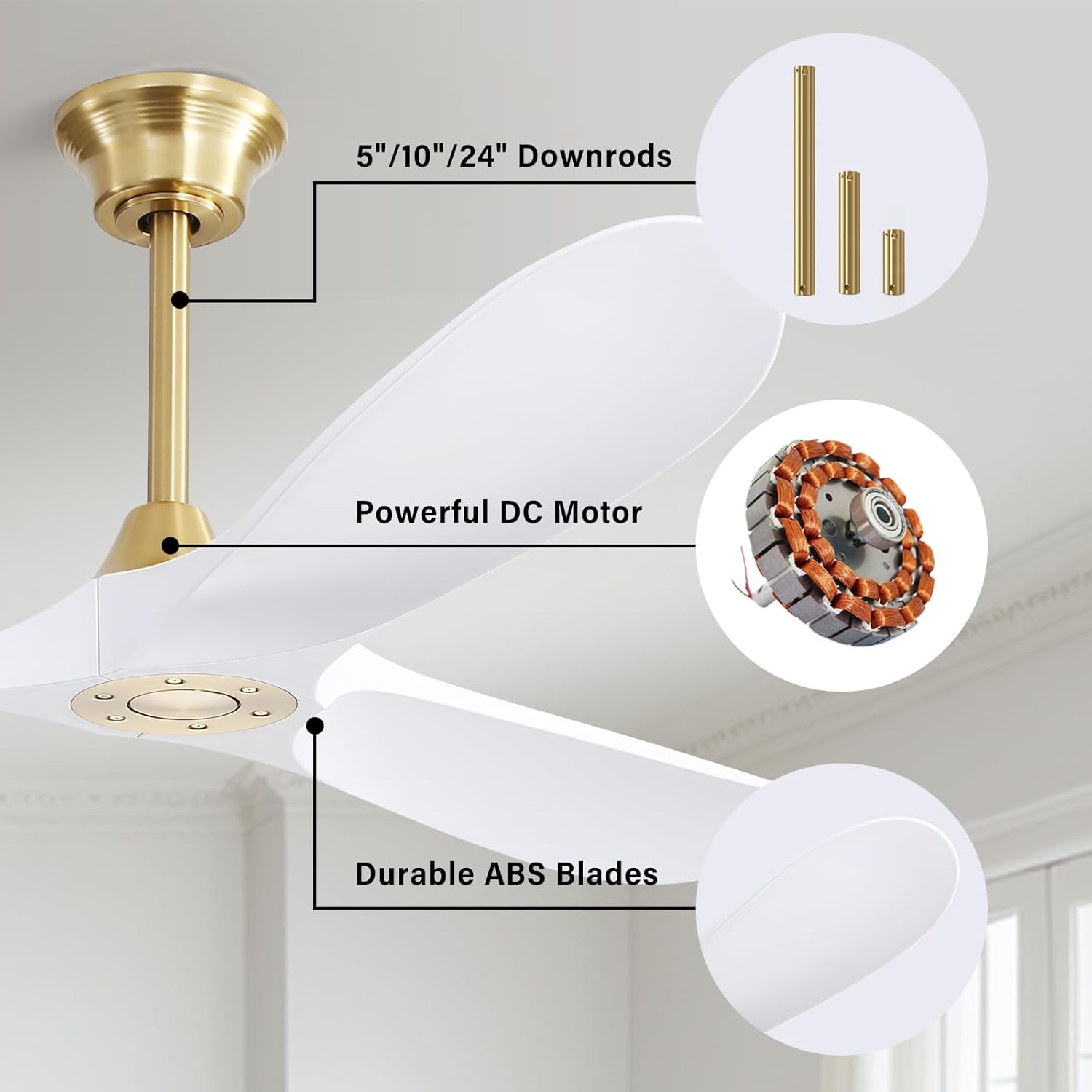 60 Inches Modern Abs With 6-speed Smart Remote, Reversible Dc Motor, Quiet Operation For Bedroom, Living Room, Gold – Energy Efficient