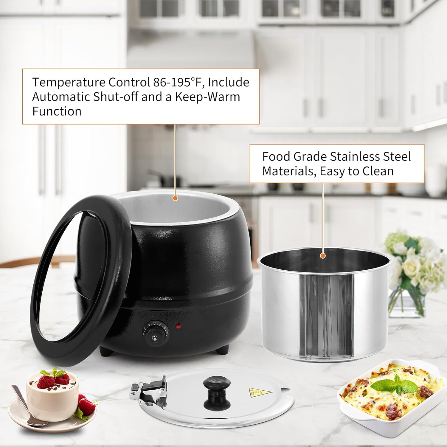 13.7QT Electric Round Drum Soup Warmer - Knob-Controlled Adjustable Temp, Hinged Lid & Detachable Insert, Commercial Black Soup Kettle for Restaurant Catering Home Buffet