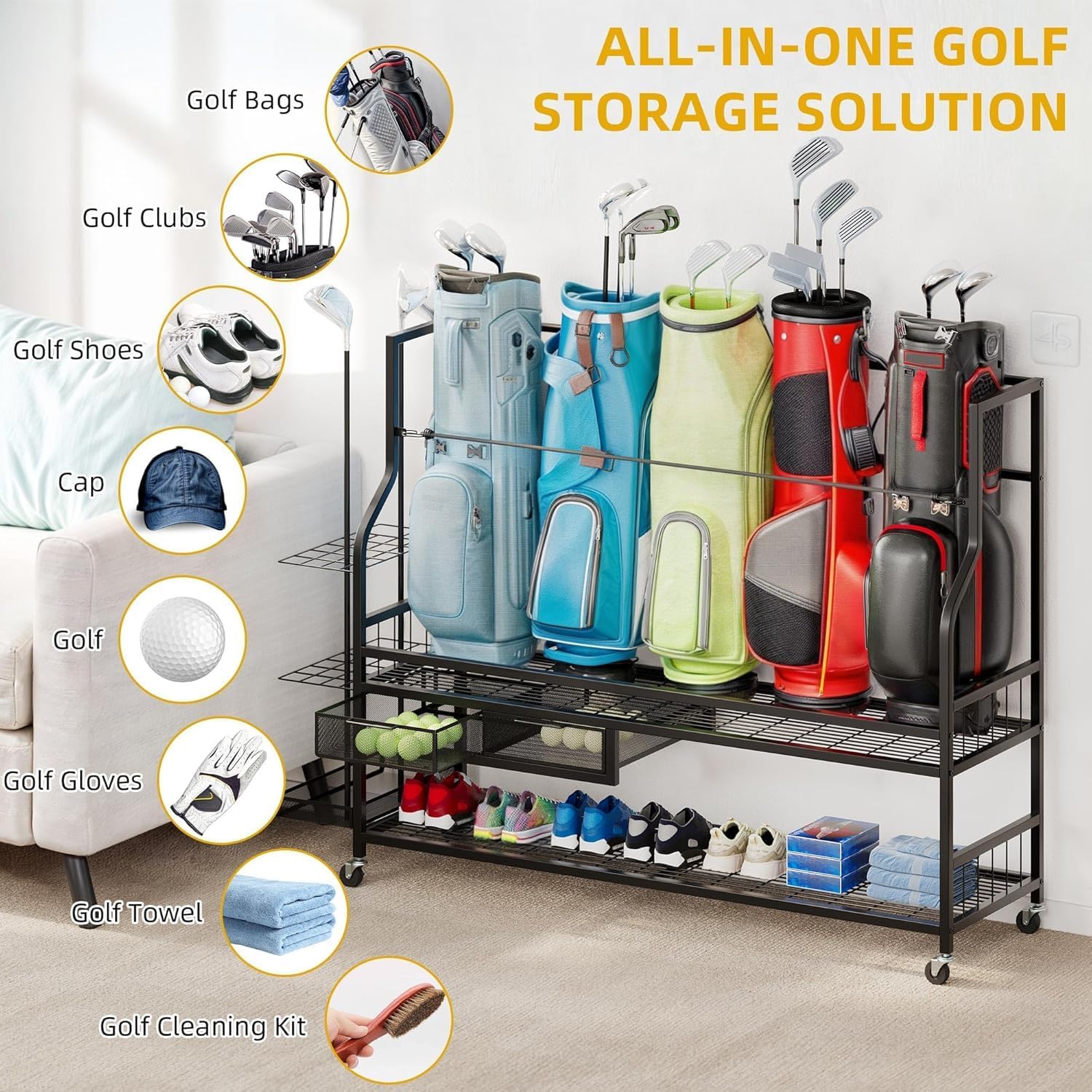 DWVO Golf Bag Organizer for Garage, Golf Storage Organizer w/Wheels for Garage Club and Shed, Golf Bag Storage Rack w/Drawer for Golf Bags, Clubs, Balls and Other Equipment Accessories