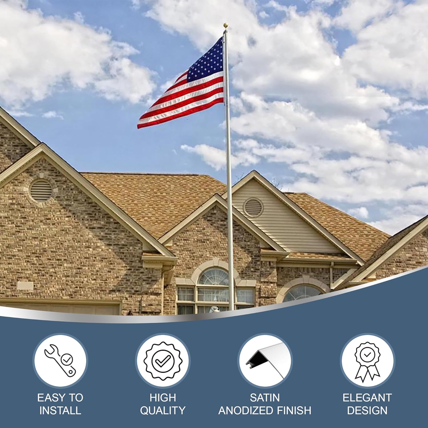 Super Tough USA-Made 20ft Heavy Duty Flag Pole for Outside House - Satin Finish - Residential In-Ground Flagpole - 3-Section High-Grade Aluminum - Includes All Accessories