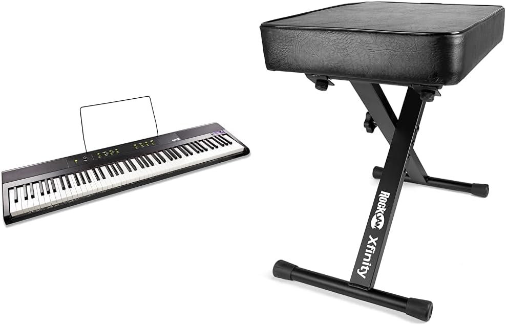 RockJam 88 Key Digital Piano with Full Size Semi-Weighted Keys, Power Supply, Sheet Music Stand, Piano Note Stickers & Simply Piano Lessons & KB100 Adjustable Padded Keyboard Bench, X-Style, Black