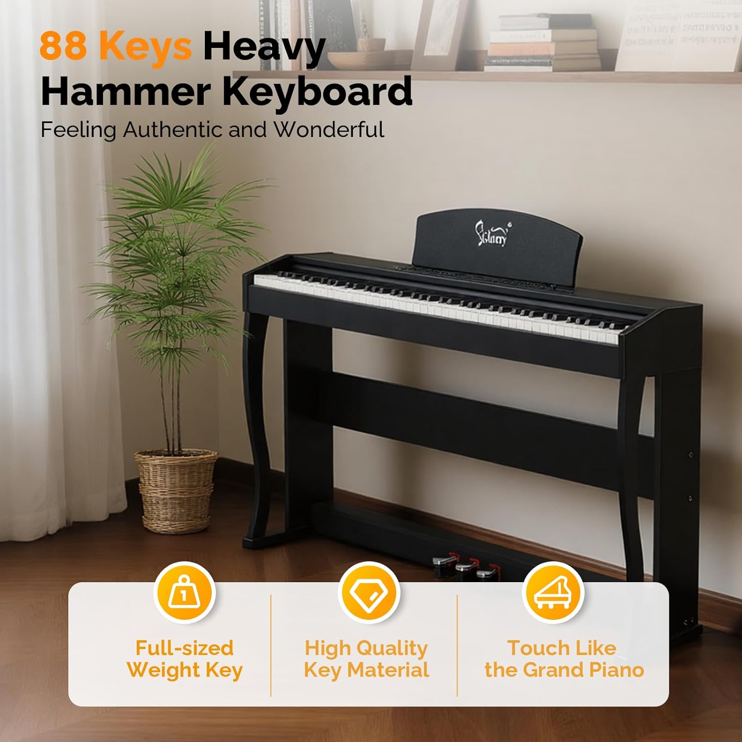 GLARRY Digital Piano 88 Keys Heavy Hammer Keyboard, with Large LCD Display and Headphone, Triple Pedals, Beginner Friendly, Supports MIDI Connect, Classic Upright Design (Matte Black)