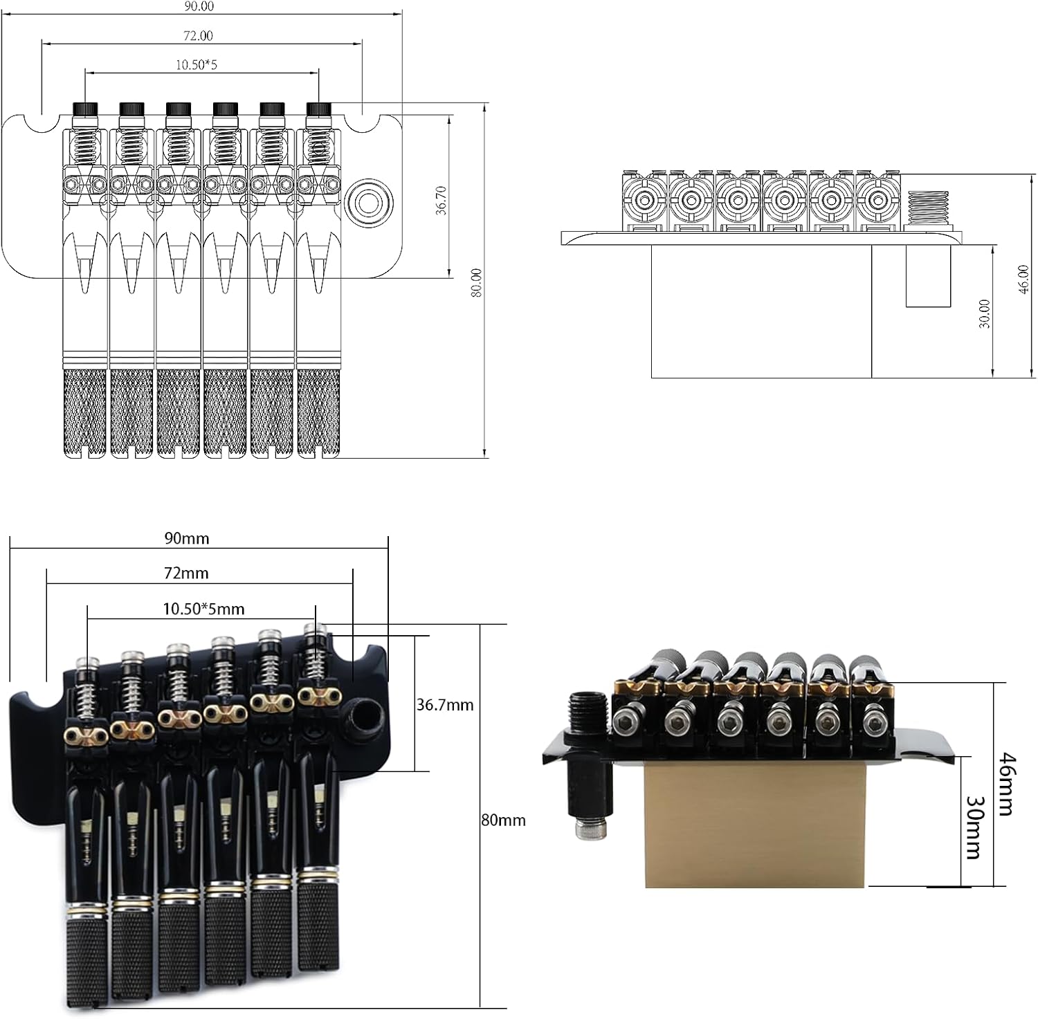 10.5mm Headless Electric Guitar Bridge Brass Block Saddle Hardened Steel Plate 2 point tremolo bridge for Fanned-fret 6 String Headless Electric Guitar Replacement parts （All Black）