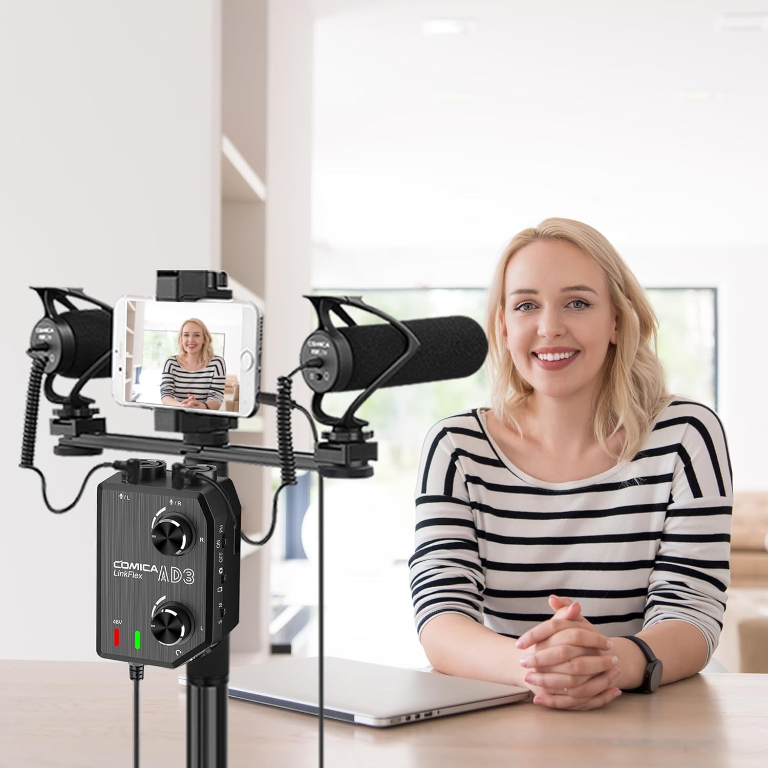 Comica LINKFLEX AD3 Dual-channels XLR/6.35mm/3.5mm Audio Preamp Mixer with Support 48V Phantom Power, Mono/Stereo Output, Guitar Audio Interface for Cameras,Camcorders,iPhone,Android,Smartphones