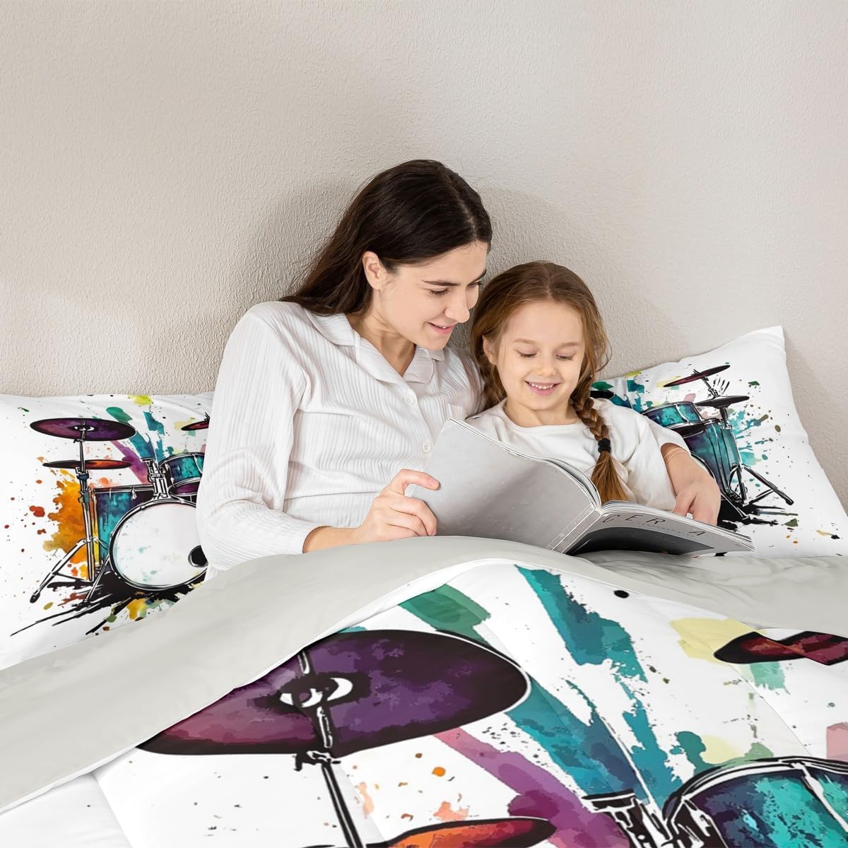 Erosebridal Drum Kit Kids Comforter Sets Rock Music Instrument King Bedding Set for Boys Girls Watercolor Drum Kit Comforter Set,Music Theme Quilt Duvet 3 Pcs