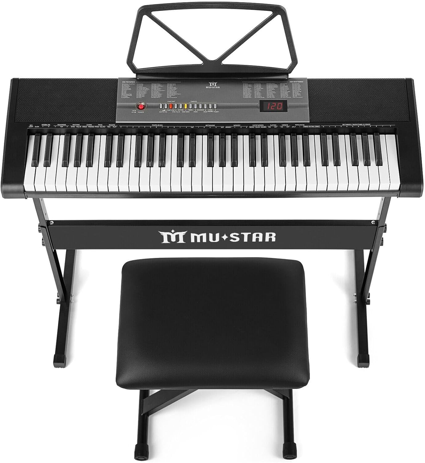 61 Key Electric Piano Keyboard for Beginners with Lighted Keys – Includes Stand, Bench, Headphones, Microphone, Note Stickers & Built-in Speakers – Digital Piano Learning Keyboard