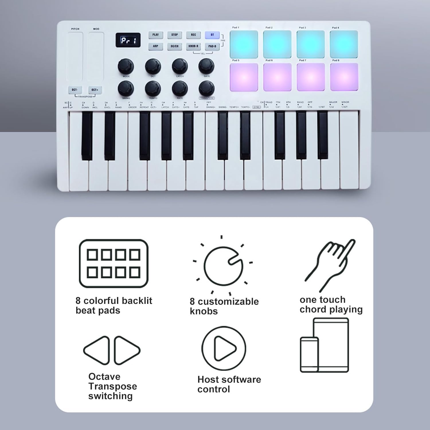 25 Keys MIDI Keyboard Controller, 8 Backlit Drum Pads, 8 Assignable Knobs Music Production Software, BT Wired Connection, Smart Chord Sound