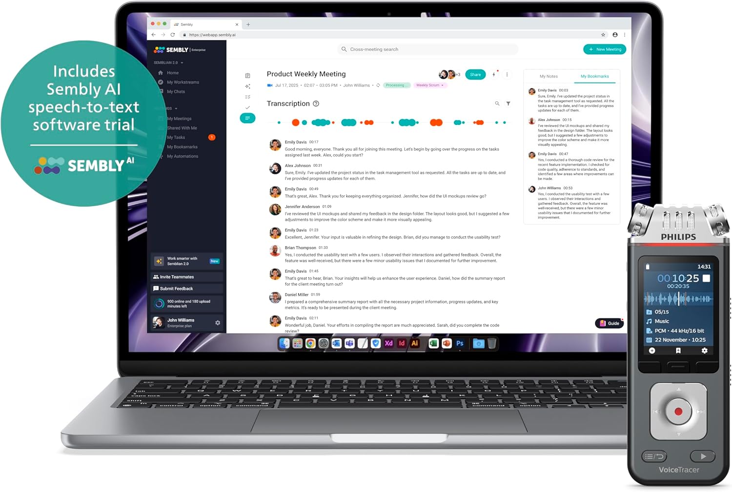 Philips VoiceTracer DVT6115 Music Recorder with Sembly AI Speech-to-Text Software Trial