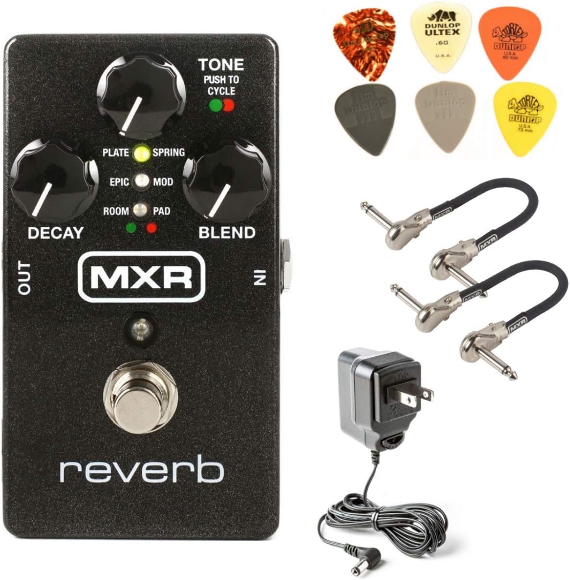 MXR M300 Reverb Analog Guitar Effects Pedal Bundle with 2 MXR Patch Cables, 6 Dunlop Picks, and 9V Power Supply