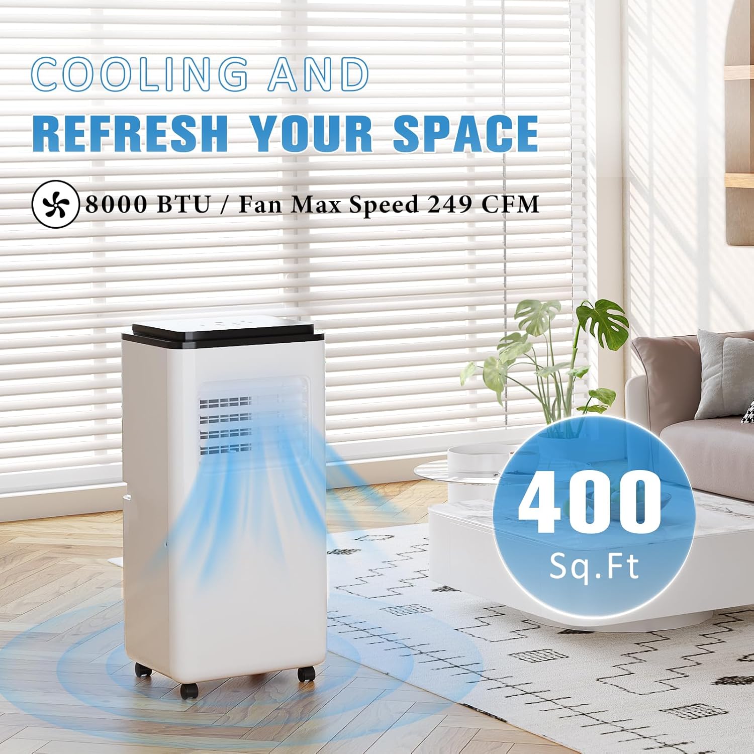 Portable Air Conditioner with Remote Control 3-in-1 (Cooling, Fan, Dehumidifier), Easy-to-Install, Ideal for Rooms, Offices, Dorms & Small Apartments, White (8000BTU)