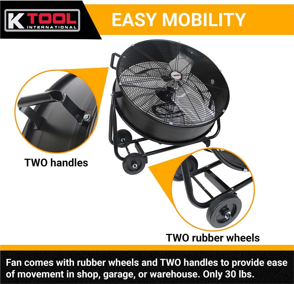 K Tool International 77741 24” Belt Drive Drum Fan with Wheels, High-velocity, 2-Speed, Cut-off Protection, 7850 Max CFM, cUL listed, Used in Warehouses, Shops, Greenhouses, Barns, Gyms, Black