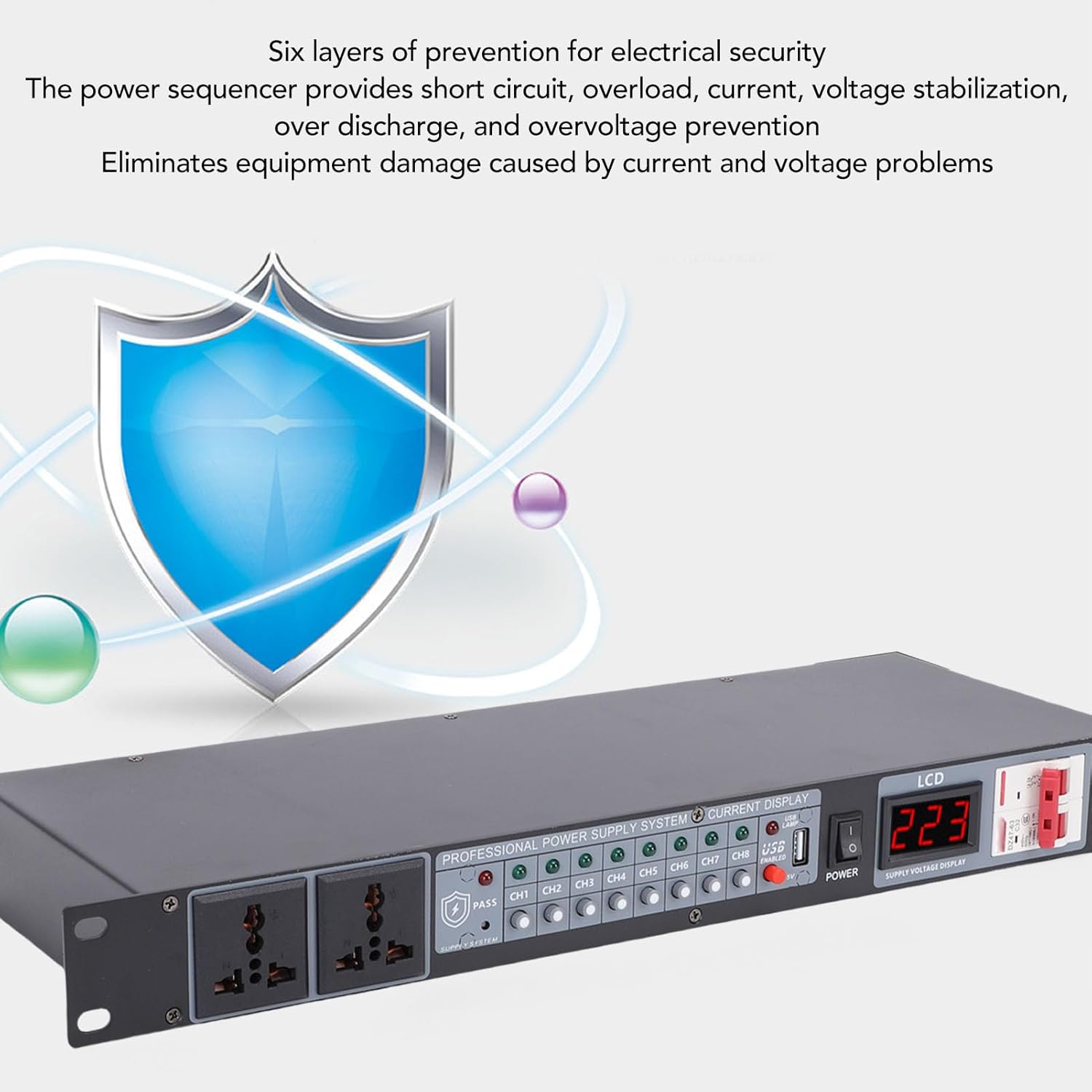 10 Channel Power Sequencer, Digital Voltage Display Rack Audio Controller Regulator for Stage Home Theater Use, Power Conditioner and Sequencer Surge Protector (US Plug)