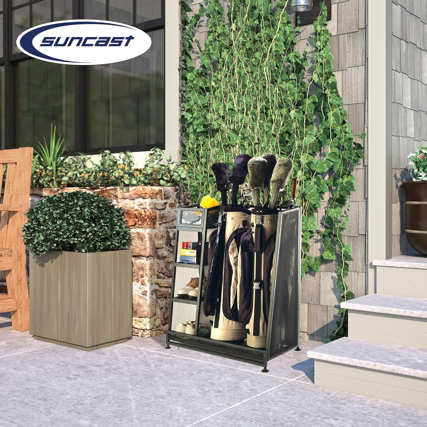 Suncast Garage Golf Bag Shelf Organizer with Leveling Feet and 5 Inch Bin for Club, Ball, and Accessory Storage, 2 Pack