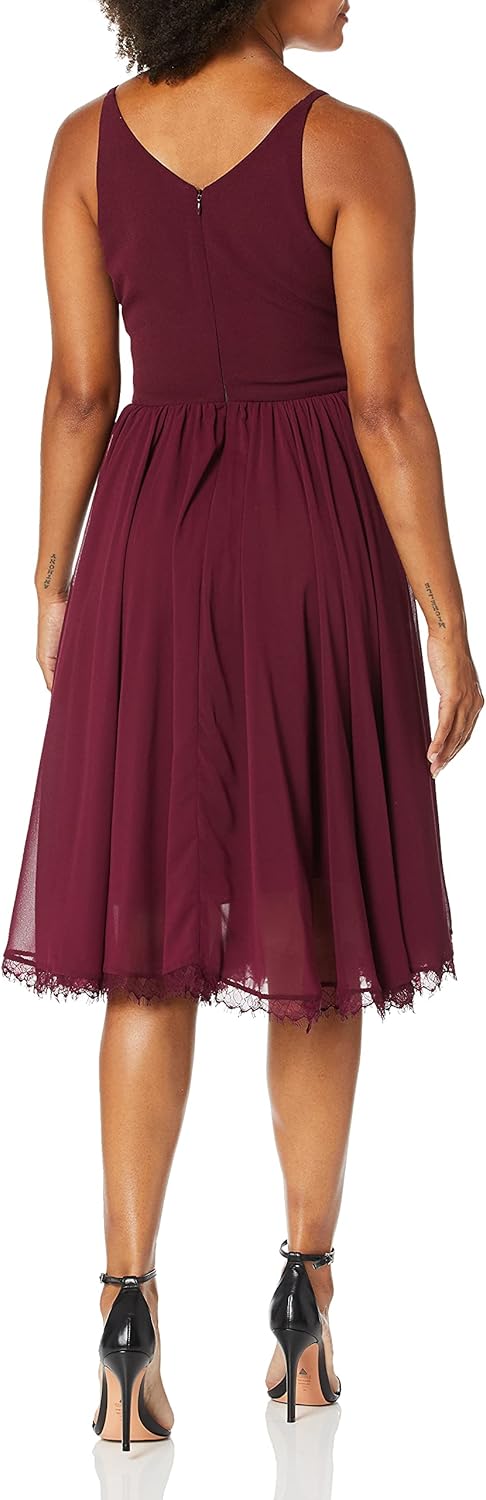 Dress the Population Women's Alicia Plunging Mix Media Sleeveless Fit and Flare Midi Dress