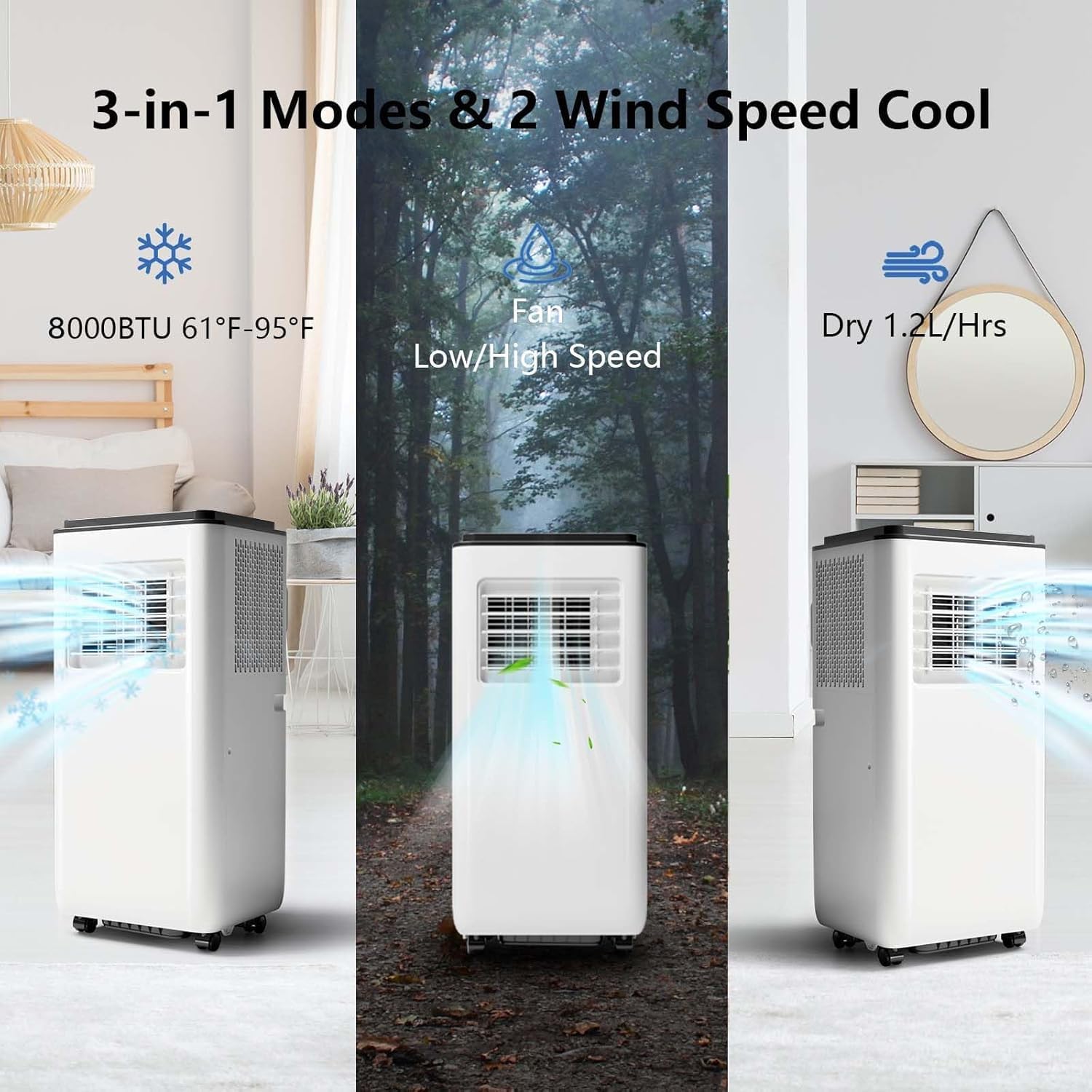 8000 BTU Portable Air Conditioner, 3-In-1 Cool, Fan, Dehumidify Modes, Cools up to 350 sq.ft, Quiet AC Unit with LED Display, with Remote Control, 24 Hour Timer for Room, Dorm, Office