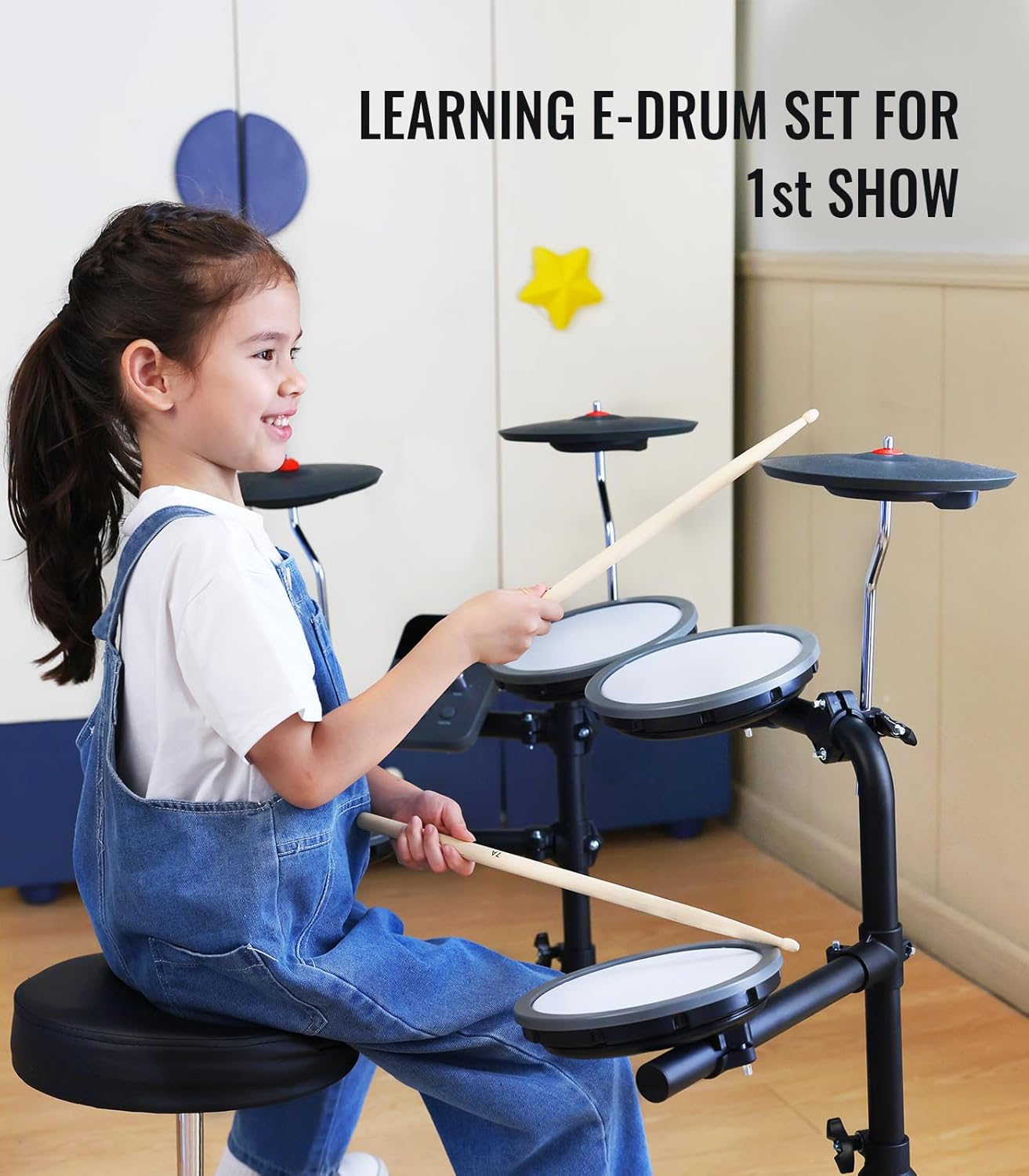 MK-0 Electric Drum Set with 7'' Quiet Mesh Drum Pads, 8'' Full Rubber Cymbals, 12 Kits and 68 Authentic Sounds, USB MIDI, Throne, Sticks, Headphone, 2 Switch Pedals for Beginners & Kids