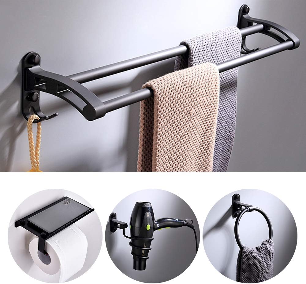 9PCS Black Space Aluminum Bathroom Storage Rack Set, Wall Mount Shower Caddy Shelf for Shampoo Towel, Corner Organizer Holder, No Drill Rustproof Accessories, Small Bath Rack Kit