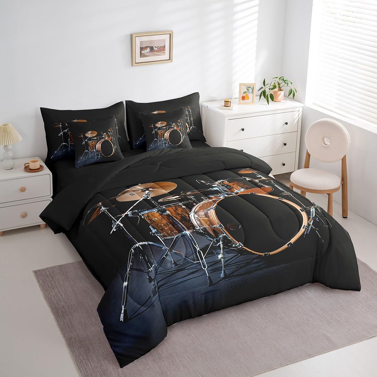 Erosebridal 3D Drum Bedding Sets, Musical Instrument Comforter Set 7-Piece Twin Size, Rock Roll Music Bed in a Bag for Kids Teens, Abstract Vintage Bed Sheets Set
