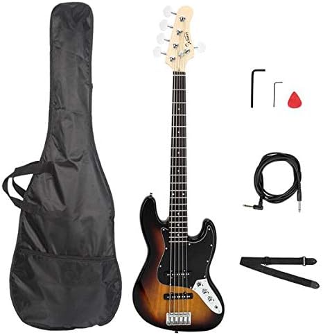 Home Gjazz Electric 5 String Bass Guitar Full Size Bag Strap Pick Connector Wrench Tool Sunset Color 3-7 Days Delivery