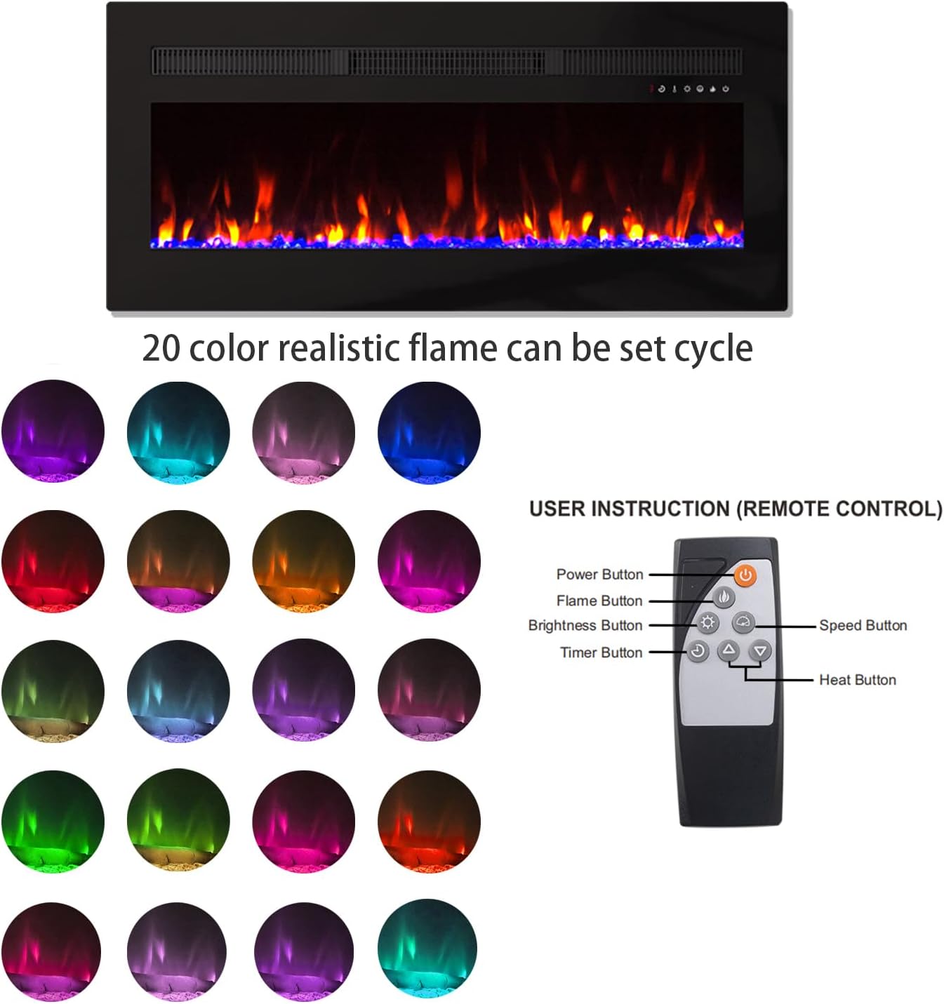 Panana Electric Fireplace Heater Wall Mounted, 60 inch Wide Recessed Electric Fireplace, 1400W, 8H Timer, 20 Color Flame, Remote Control, Log Set & Crystal