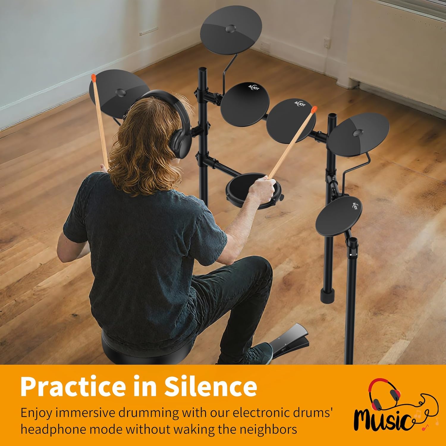 AiJoy Electric Drum Set for Beginners with 210 Sounds, 4 Quiet Drum Pads, 10'' Cymbals, Electronic Drum Kit with Headphones, 2 Pedals, Throne, Sticks, Gifts for Kids Adults (ADD15)