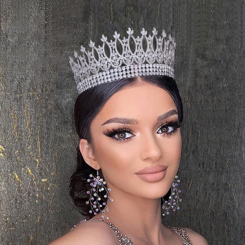 Jorsnovs Luxury Tall Round Wedding Crowns for Bride Queen Tiaras 5A Cubic Zirconia Birthday Princess Big Hair Accessories