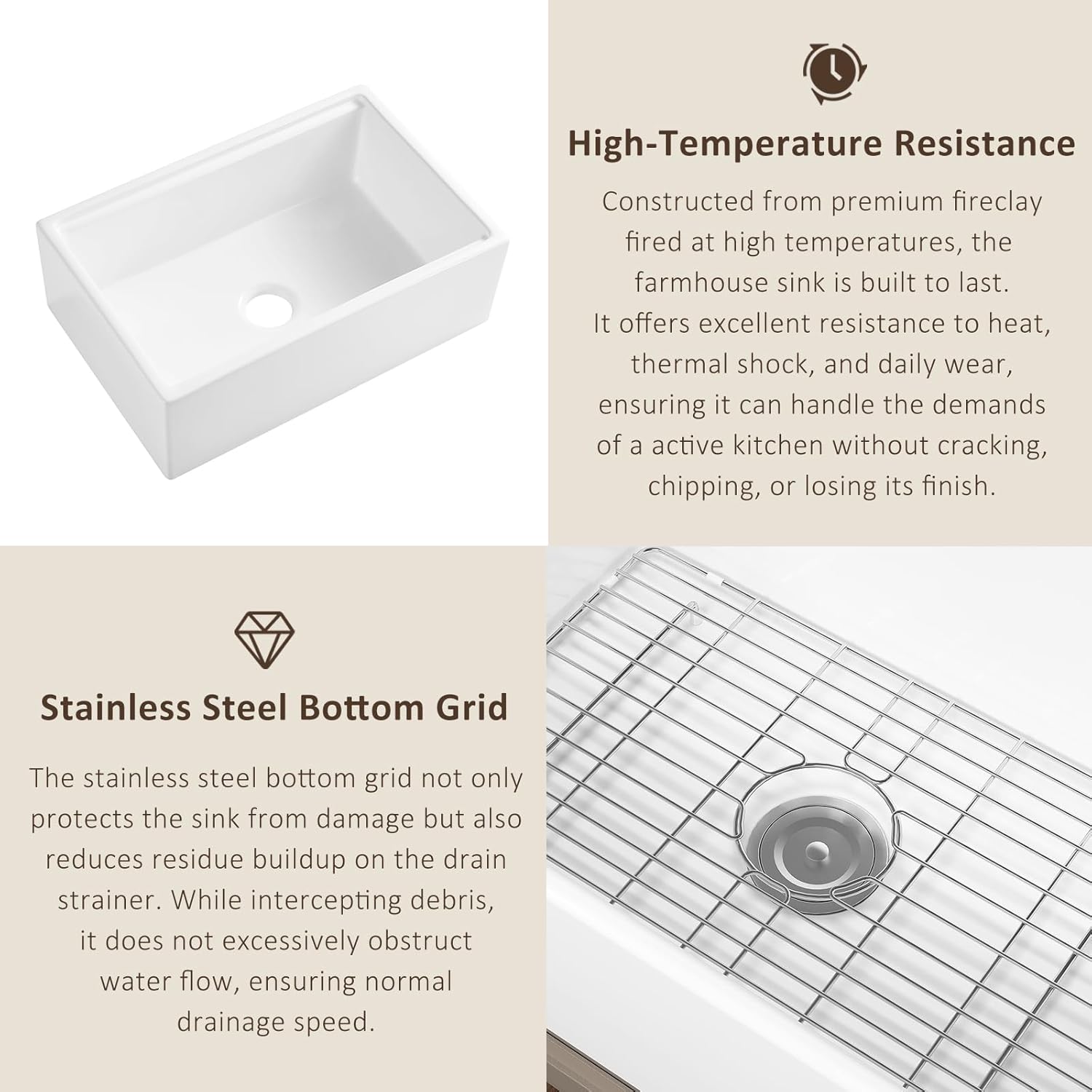 30 Inch Workstation Farmhouse Sink, White Fireclay Apron Front Kitchen Sink, Rectangular Undermount Sinks, Deep Deep Drop-in Single Bowl Reversible Sinks with Accessories