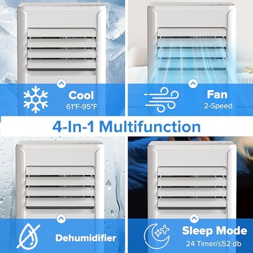 8,000 BTU Portable Air Conditioner Cools up to 350 SQ. FT, 4 in 1 AC Unit with Powerful Cooling, Sleep Mode, 24H Timer, Air Cooler with Window Installation Kit, for Bedroom, Apartment(WHITE)
