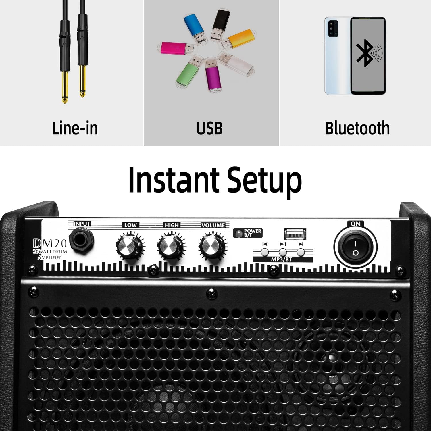 Coolmusic DM20 20W Bluetooth Personal Monitor Amplifier Electric Drum Amplifier Speaker,Keyboard Speaker with USB Interface(Including E-Drum Noise-Reduction Cable) (Black)