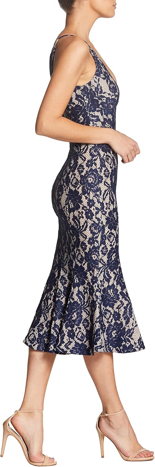 Dress the Population Women's Isabelle Plunging Spaghetti Strap Mermaid Fitted Midi Dress