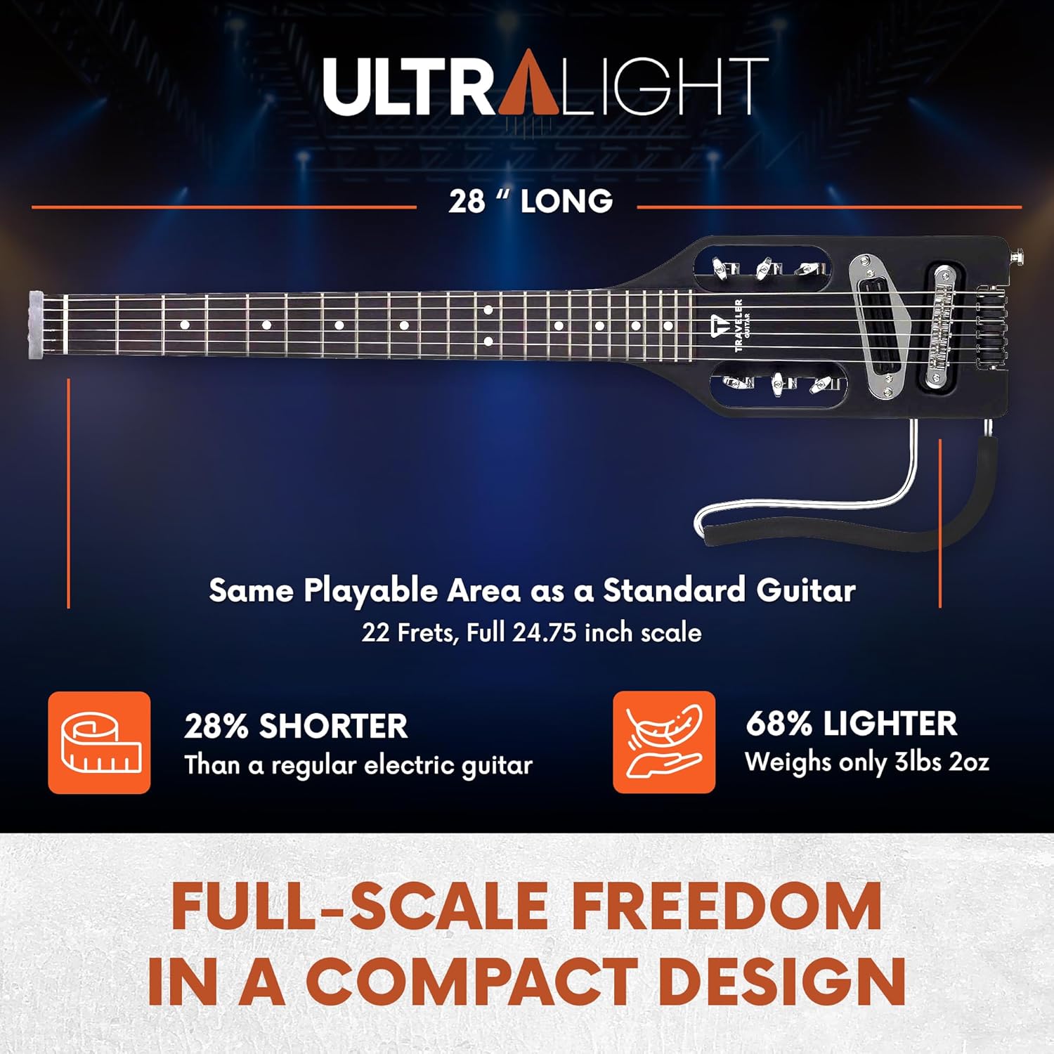 Traveler Guitar Ultra-Light Electric Guitar Matte Black Left-Handed Portable Electric with Removable Lap Rest Full 24 3/4