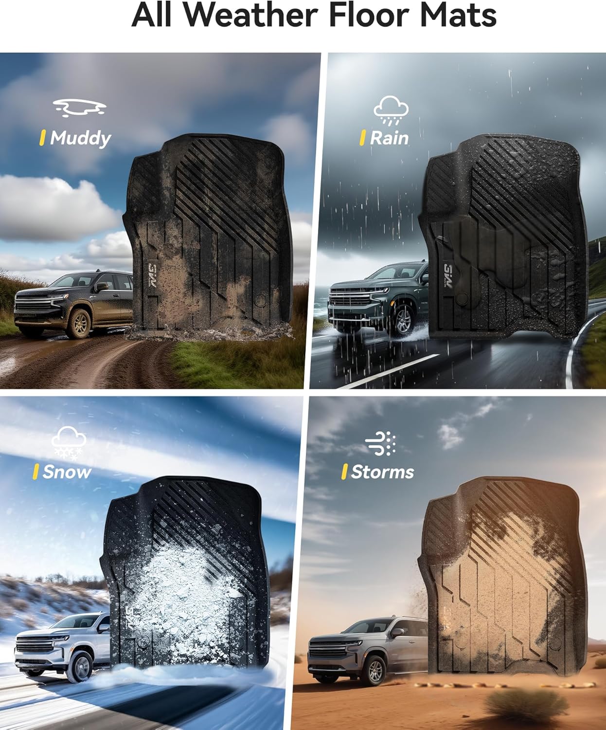 3W Floor Mats & Cargo Liner Fit for 2021 2022 2023 2024 2025 2026 Chevy Tahoe/GMC Yukon/Cadillac Escalade 7 Seat, TPE All Weather Custom Fit Car Accessories Heavy Duty Rubber Full Set Trunk Mats