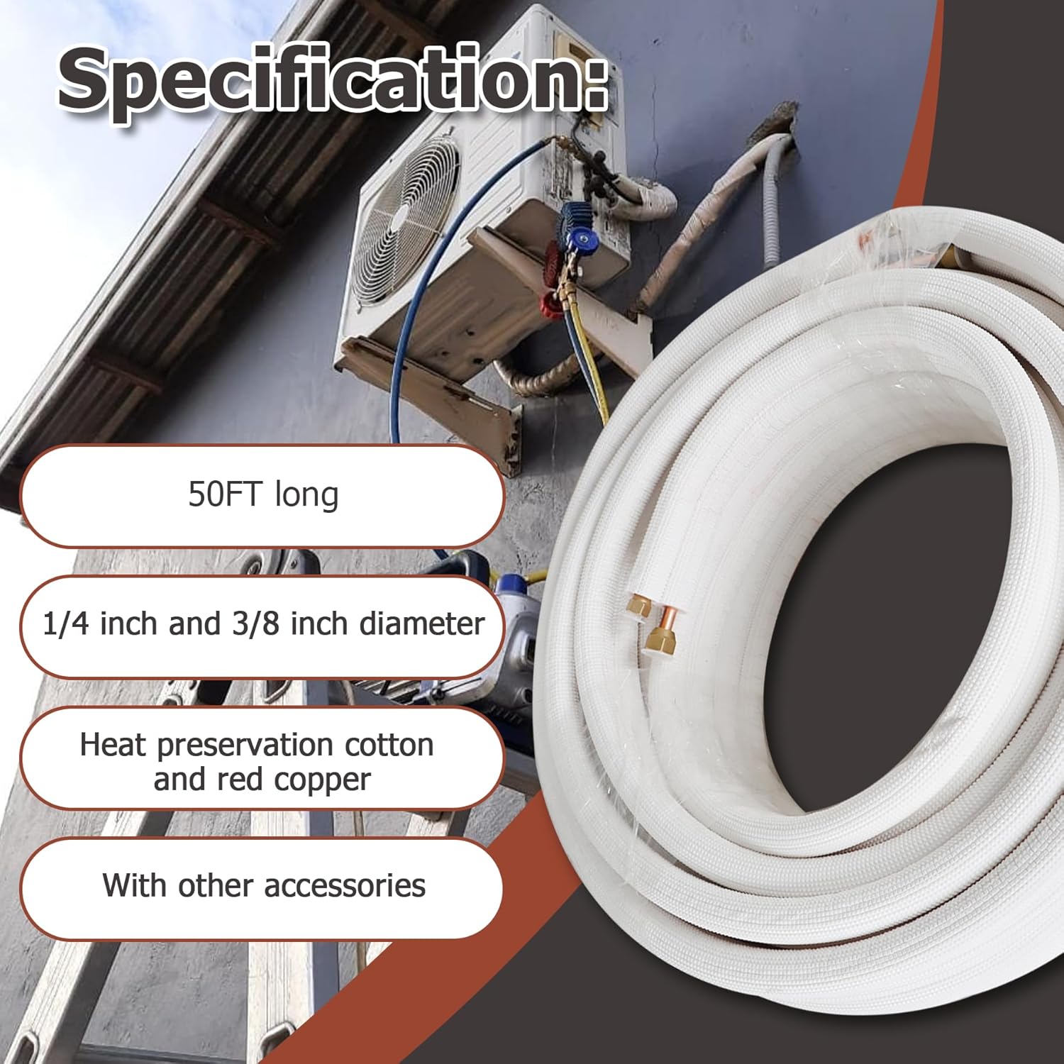 50 FT Air Conditioning Copper Hose Extension, 1/4 and 3/8 Inch Thickened Insulation Cotton with Nuts and Other Accessories Fit for Mini Split Air Conditioner
