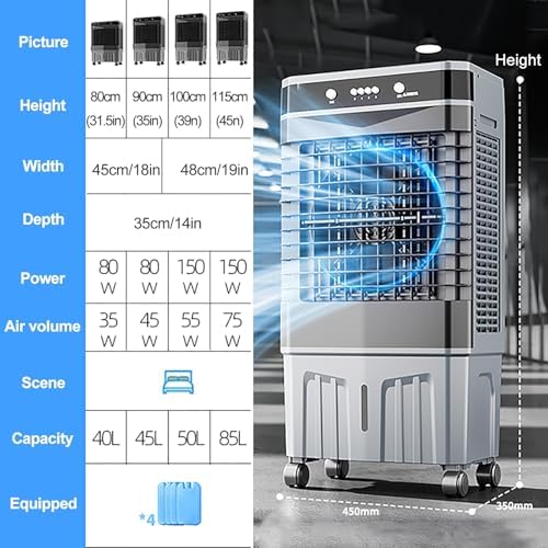 Swamp Cooler Air Conditioner, Evaporative Air Cooler with 4 Ice Box, 120°Oscillation, Portable Cooling Fan with 3 Speeds for Bedroom Home Office(45x35x80cm/18x14x31.5inch)