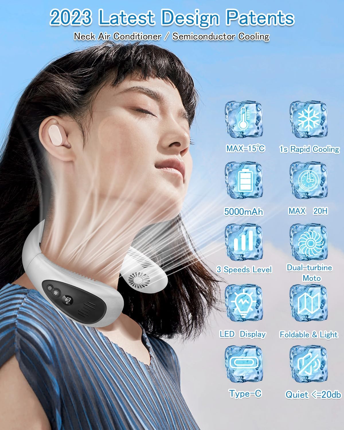 Neck Air Conditioner, 5000mAh Portable Neck Fan, Bladeless USB Neck Fan with Semiconductor Cooling Airflow, Portable Rechargeable, 3 Speeds, LED Display, Personal Fan for Outdoor Travel