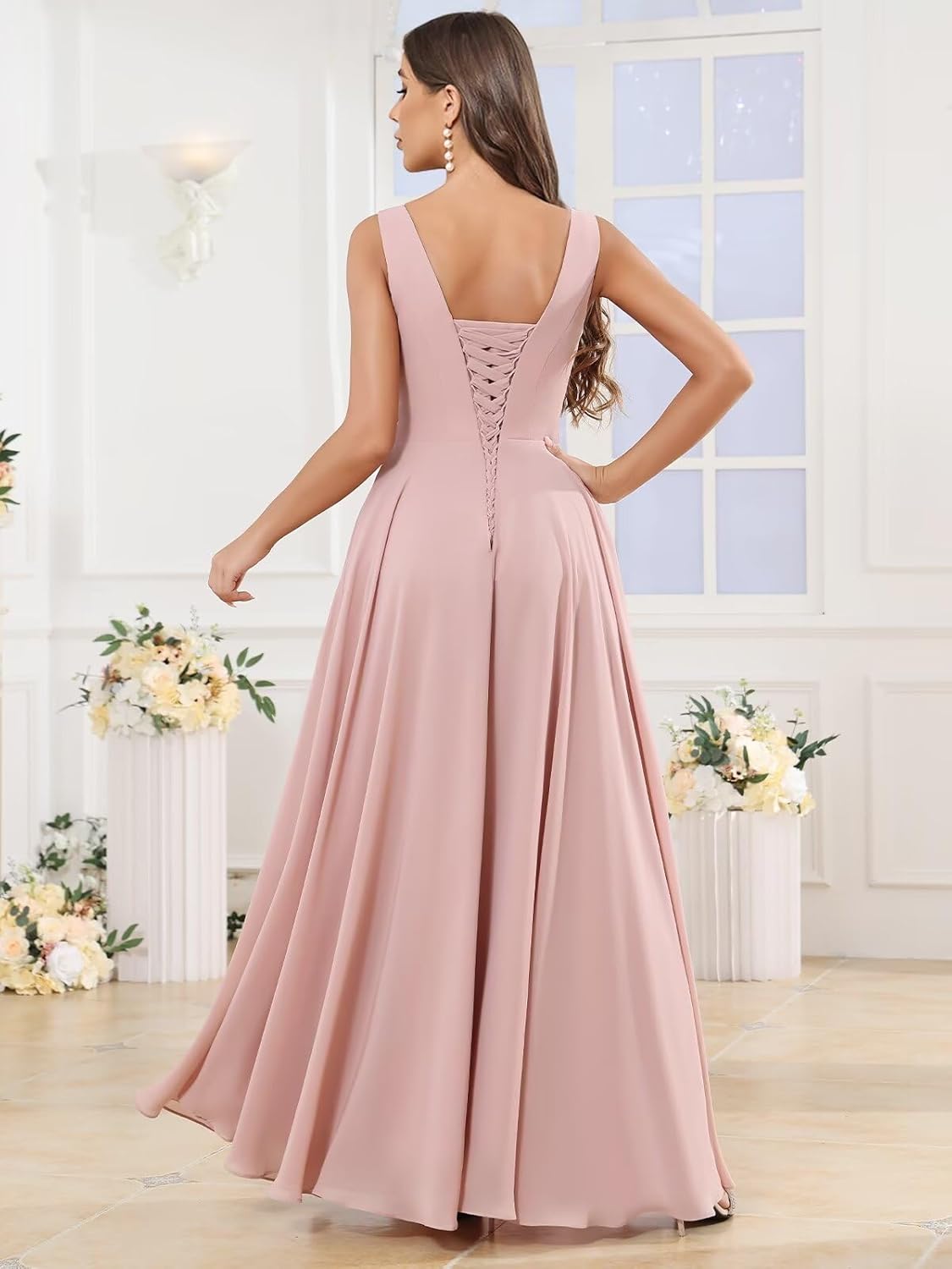 BOLENSYE Bridesmaid Dresses Long Ruched Ruffles Chiffon A Line Evening Party Gown with Pockets Slit