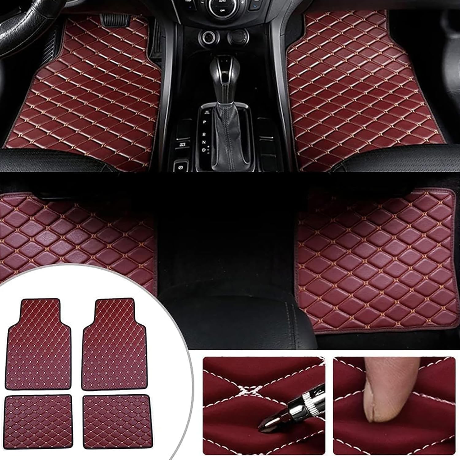4 Pcs Leather Car Floor Mats for Audi A4 B7 2004 2005 2006 2007 2008, Custom Front Rear Row Foot Pads Liners Waterproof Anti-Slip Carpet Protection Interior Accessories,E/Wine-Red