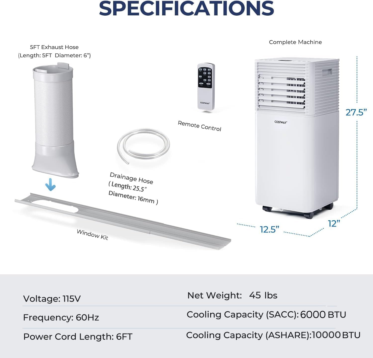 COSTWAY Portable Air Conditioner, 10000BTU AC Cooling for Room Spaces up to 350sq.ft, with Remote Control, 24H Timer & Window Venting Kit, with Sleep Mode, for Bedroom, Living Room, White