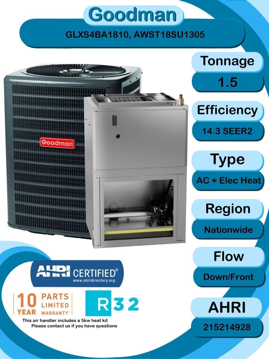 Goodman 1.5 TON 14.3 SEER2 R-32 AC Only System and Front or bottom return air handler with 5kW heat kit (GLXS4BA1810 condenser and AWST18SU1305 air handler)