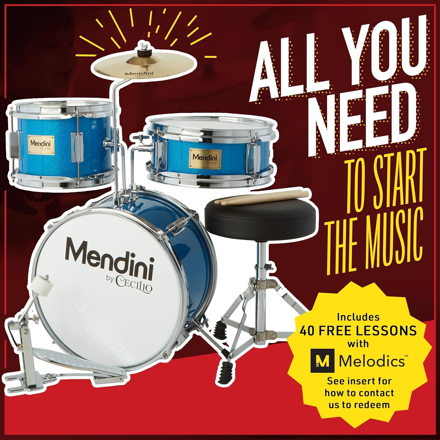 Mendini By Cecilio Drum Set, 3 Piece Junior Drum Set for Beginners with Bass Tom Snare Drum, 13 inch Drum Kit with Snare, Cymbal, Drumsticks, Adjustable Seat (Sky Blue)