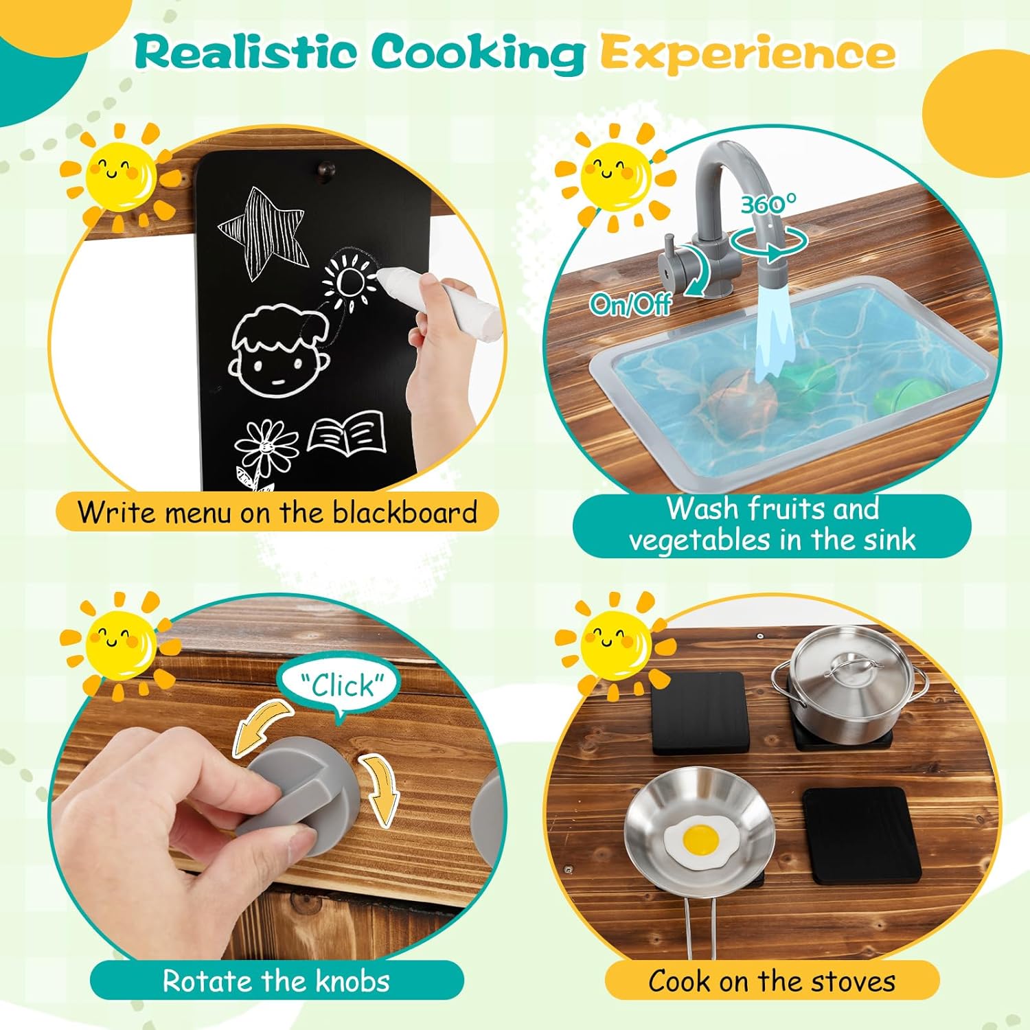 KOTEK Mud Kitchen with Canopy, Outdoor Play Kitchen with Removable Sink, Chalkboard, 4 Stoves, Cooking Accessories & Storage Cabinet, Wooden Toy Kitchen Playset for Kids Age 3+