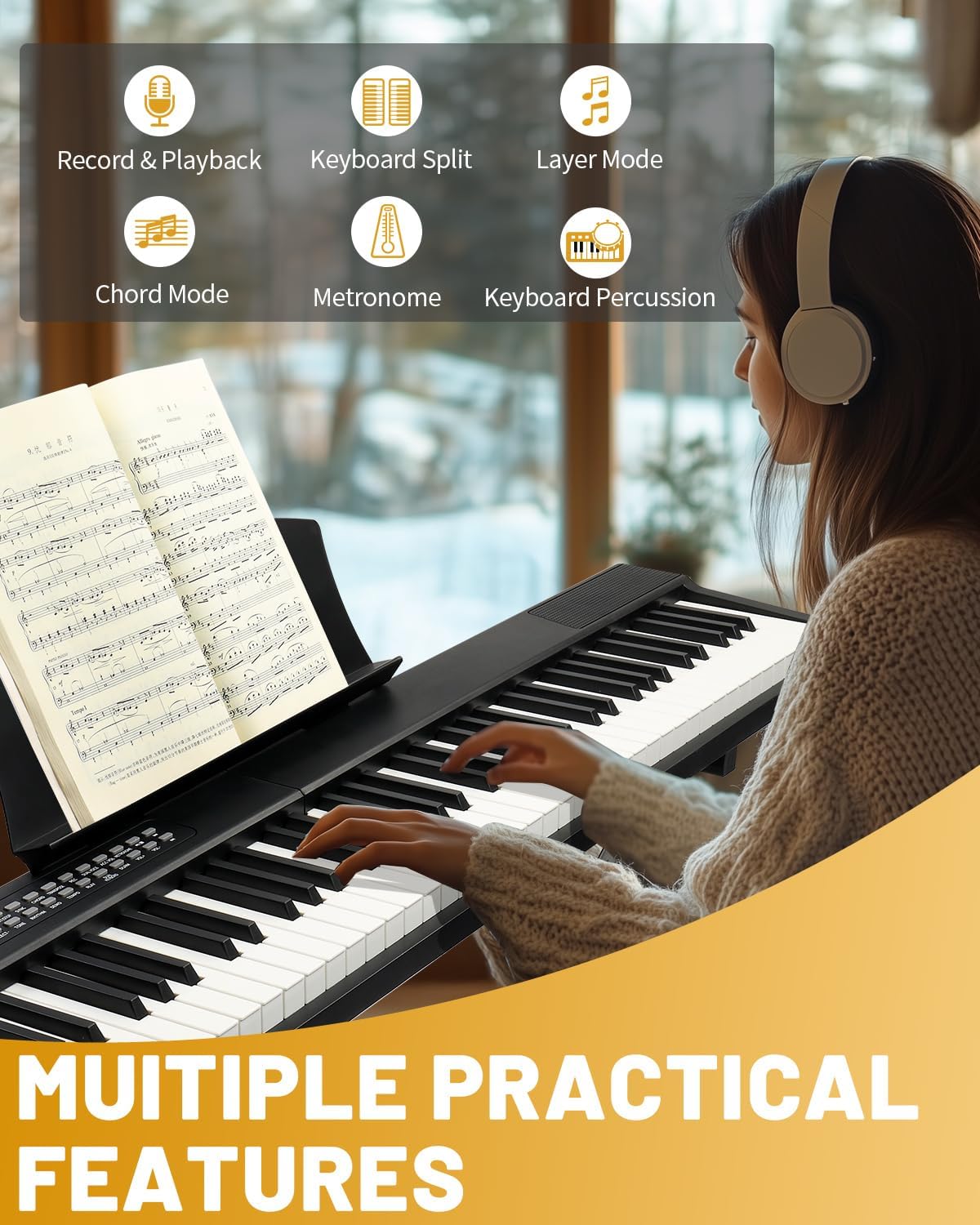 Ktaxon 88 Key Portable Electric Piano with 500 Tones, 200 Rhythms, 300 Demos, Magnetic Connection Piano keyboard with Stand, Sustain Pedal, Headphones, Portable Bag & Key Sticker (Full)