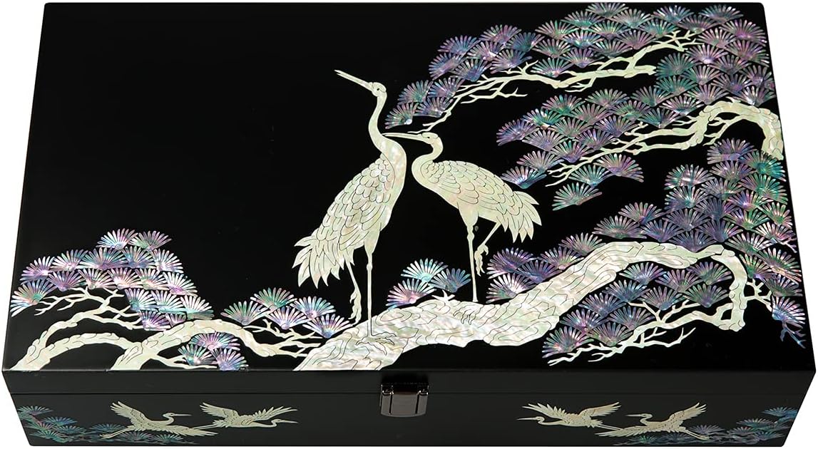 Antique Alive Mother of Pearl Wood Sunglasses Box Eyeglasses Valet Display Storage Case for Glasses, Watches, Jewelry, Trinkets Wooden Accessory Organizer Gift (Crane & Pine Black)