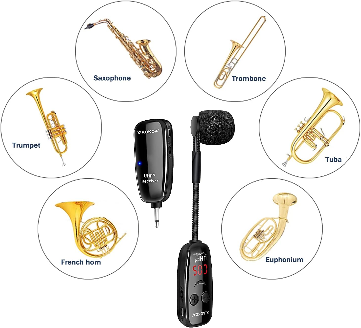 Wireless Saxophone Microphone, UHF Microphones for Sax, Charging Clip Mic with Digital Display, for Trumpet Tuba Trombone Cornet FrenchHorn Instrument Practice Teaching Street Bars Stage Performance