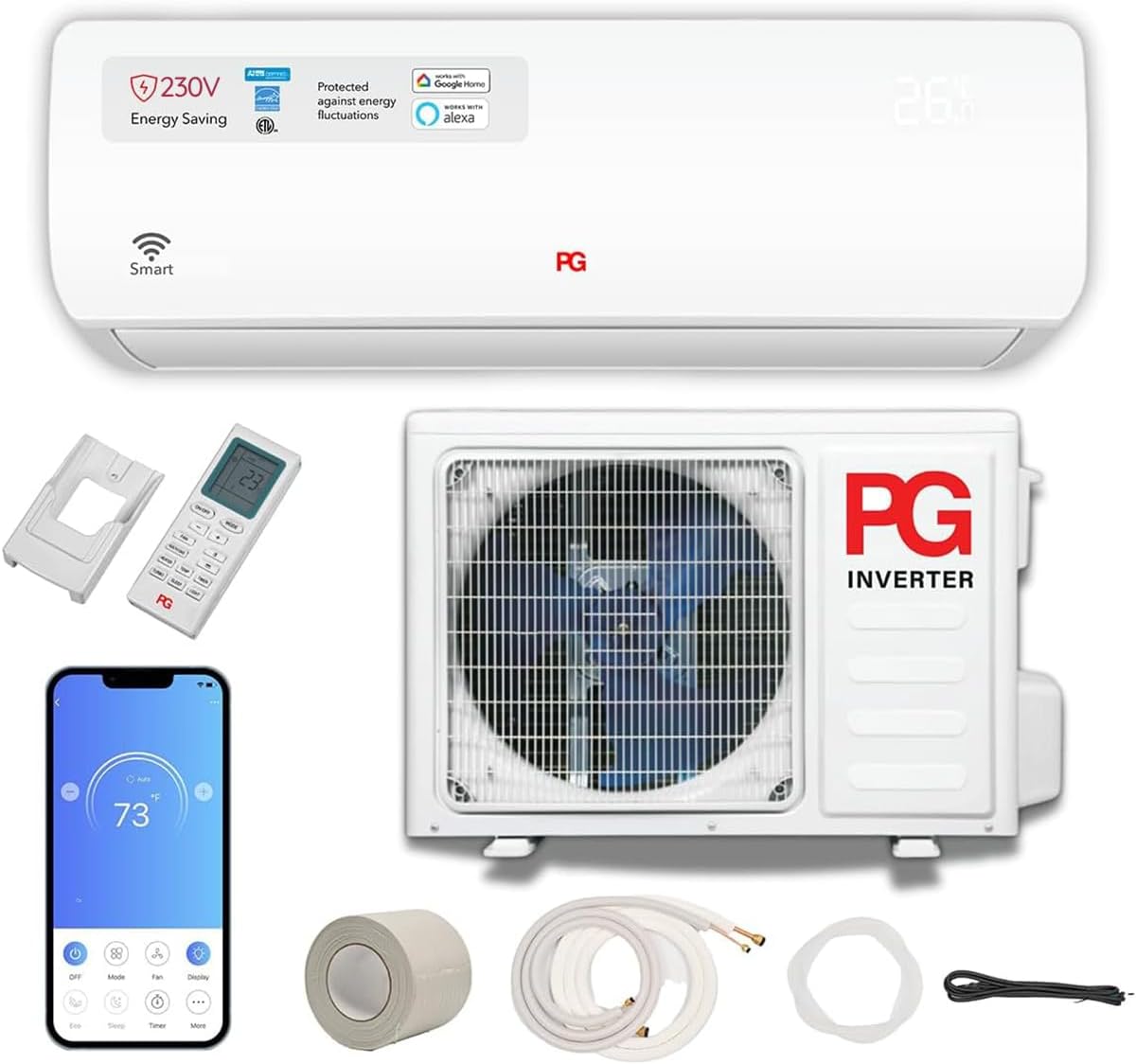 PG Split System Air Conditioner 12,000 BTU Heat Pump, 17 SEER Ultra Energy Efficient, Quiet Operation, Indoor & Outdoor Units, 230V, Refrigerant R-32, Wi‑Fi Smart Control