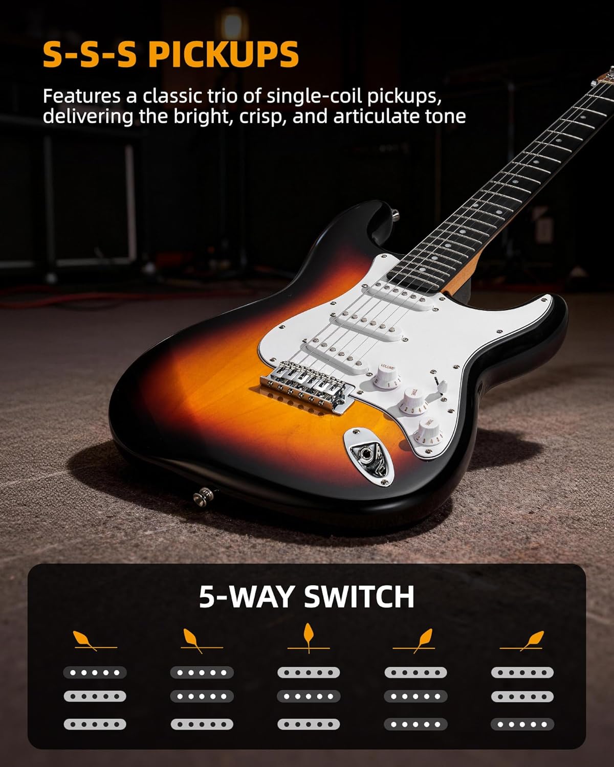 LEKATO Beginner Electric Guitar Kit Solid Body 39 Inch Full Size Guitar SSS for Starter with 5w Plug-in Amp, Bag, Tuner, Capo, Shoulder Strap, Picks, String, String Winder&Cutter - Sunburst