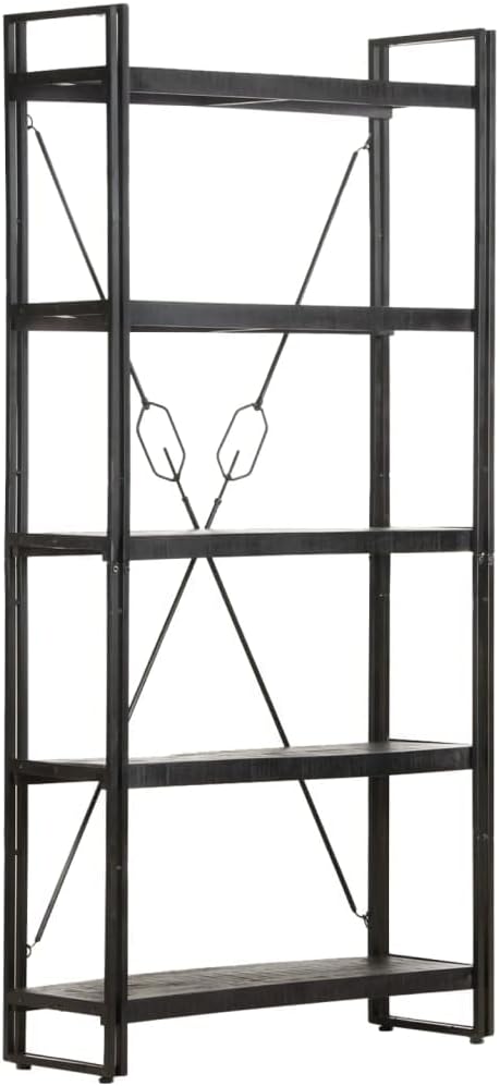 Black Industrial Bookcase, Solid Rough Mango Wood, Powder-Coated Steel Frame, 5-Tier Display Shelf, 11.8x35.4x71 Inch, Living Room Storage Home Office