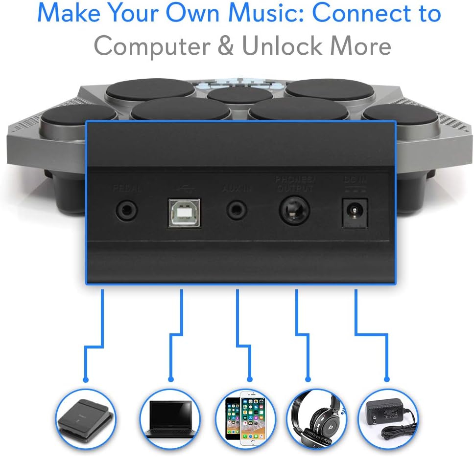 Pyle Pro Electronic Drum Kit - Portable Electric Tabletop Drum Set Machine with Digital Panel, 7 Drum Pads, Hi-Hat/Kick Bass Pedal Controller USB AUX - Tom-Toms, Hi-Hat, Snare Drums, Cymbals