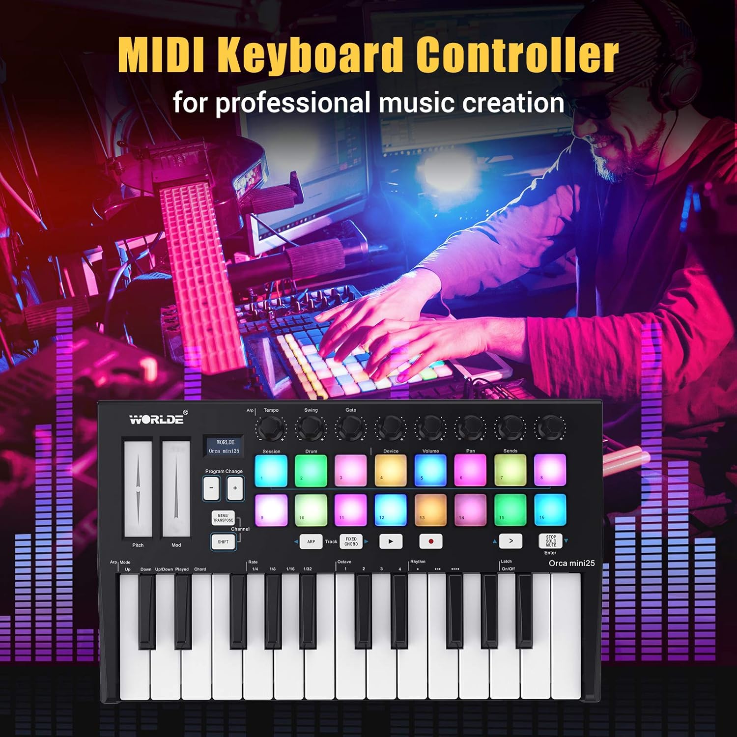25 Portable 25-Key USB MIDI Keyboard Controller with 16 RGB Backlit Trigger Pads 8 Assignable Control Knobs