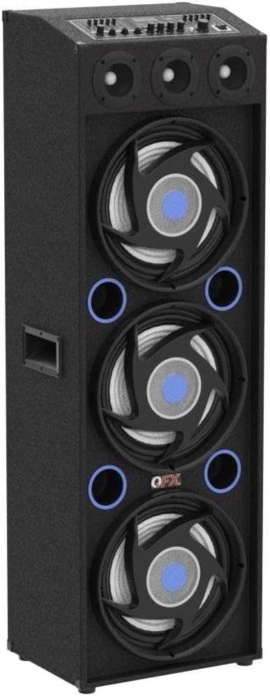 QFX SBX-412300BT TWS Bluetooth Triple 12” Woofer Triple 1” Tweeter Recording High-Performance PA Cabinet Speaker with 10-Band Graphic EQ, 2 Microphone Inputs, Guitar Input, and AUX Input, Blue